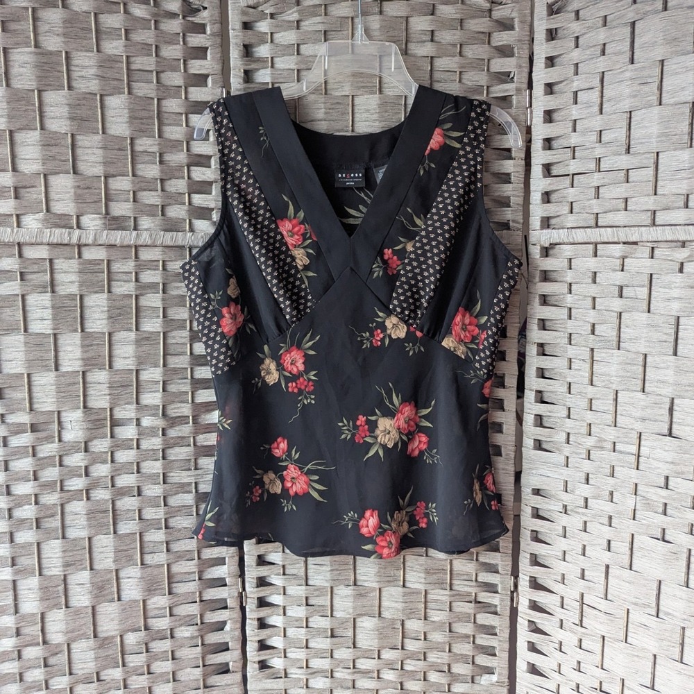 Vtg Black Floral Mixed Print Blouse V-Neck Peplum Sleeveless Sz LP  Whimsigoth